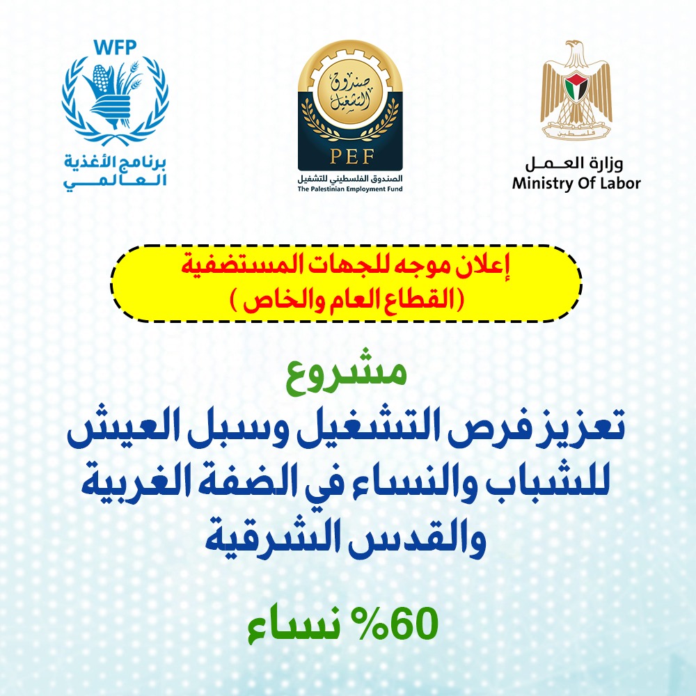 إعلان موجه للجهات المستضيفة – “تعزيز فرص التشغيل وسبل العيش للشباب والنساء في الضفة الغربية والقدس الشرقية